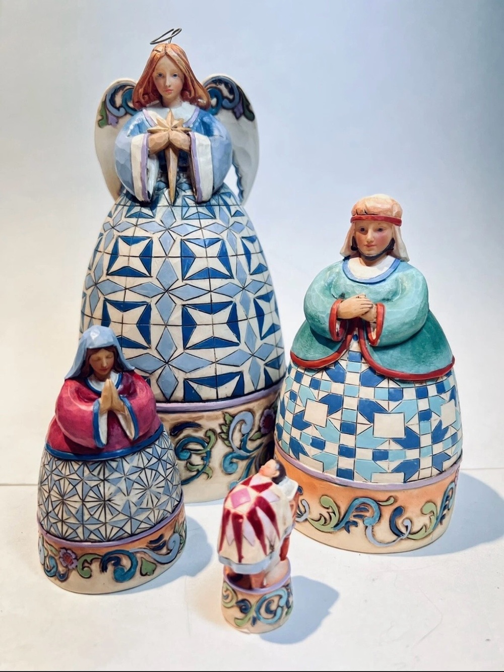 Jim Shore Ceramic Nativity Set in Blue, Green, Pink, Cream